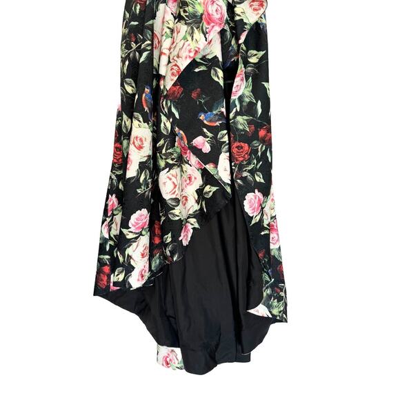 Sherri Hill Formal Gown Size 14 Black Red Floral Strapless High-Low Train - Picture 4 of 12